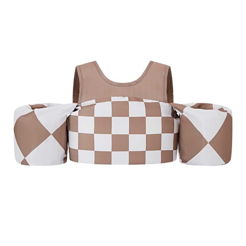 KIDSco Swim Vest for Kids 30-50 lbs. A Puddle Jumper Swimming Float Aid with Shoulder Straps and Arm Water Wings. for Boys and Girls Aged 2-6 Tan Checkerboard