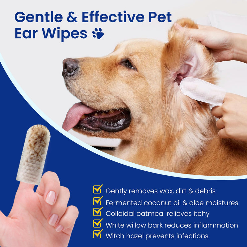 Pet Ear Cleaner Finger Wipes, Natural Ingredients Ear Finger Wipes for Dogs & Cats, Remove Ear Wax, Debris, Reduce Odor, Ear Itching & Inflammation, Unscented, Vet Formulated, 50 Count - BeesActive Australia