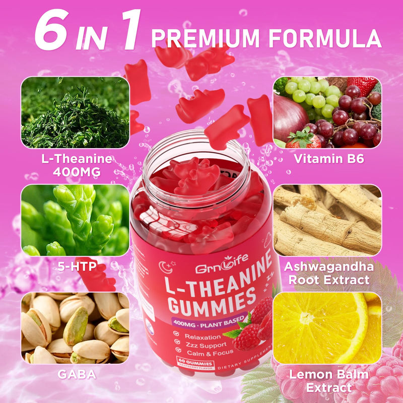 L-Theanine Gummies for Kids & Adults, L'Theanine 400mg with Ashwagandha, GABA, 5HTP, L Theanine Supplement for Calm, Zzz & Relaxation Support, Raspberry Flavor, 60 Counts 60 Count (Pack of 1)