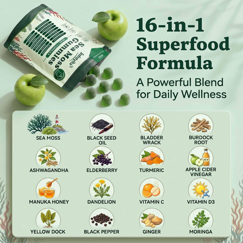 Sea Moss Gummies 16-in-1 with Ashwagandha, Black Seed Oil, Ginger, Turmeric, Manuka Honey, Black Pepper, Moringa, Elderberry–Daily Wellness & Immune Support–Apple Flavor, 60 Gummies