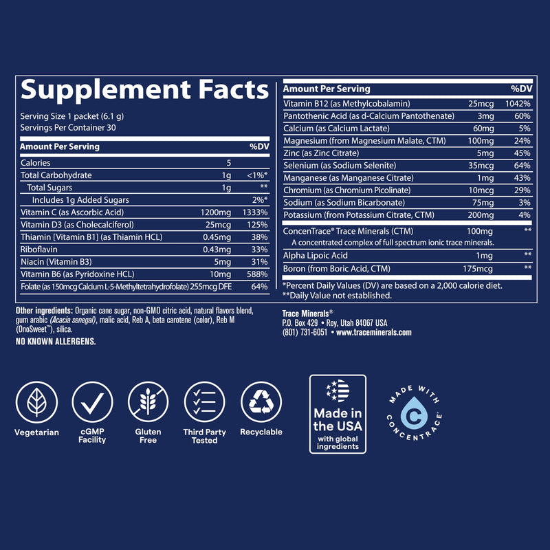 Trace Minerals Power Pak Electrolyte Powder Packets, Orange Blast, 30 Ct | 1,200 mg Vitamin C plus Zinc, Immunity and endurance support, Sugar free, No artificial dyes, Keto friendly