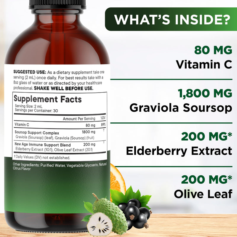 NEW AGE Soursop Drops - Soursop Bitters Liquid with Soursop Fruit and Leaves, Elderberry, Vitamin C and Olive Leaf - Multimineral & Vitamins Superfood - 4 oz 2 Fl Oz (Pack of 2)