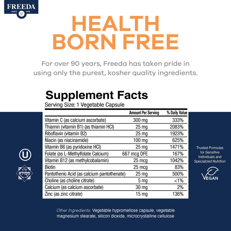 FREEDA Vitamin B Complex with Vitamin C & Zinc – 60 Capsules | Supports Energy & Metabolism with Active B12, Methylfolate, B1–B6, Biotin, Choline - Vegan, Kosher, SCD Legal 60 Count (Pack of 1)
