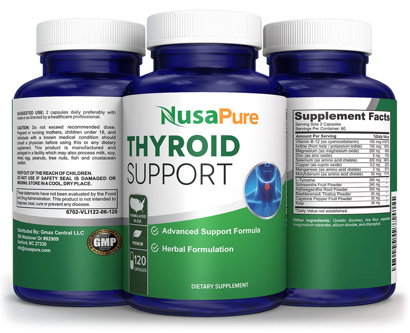 NusaPure Thyroid Support Supplement (Non-GMO) 120 caps, Ashwaganda, Iodine, Zinc, kelp, Vitamin B12, L-Tyrosine, Selenium, Copper (Pack of 2) 120 Count (Pack of 2)