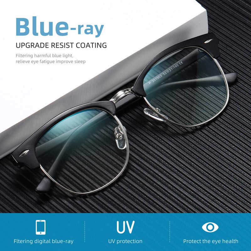 Blue Light Blocking Glasses Vintage Half Frame UV Clear Lens Anti Eyestrain Computer Gaming Glasses for Women Men A01-matte Black Silver Frame