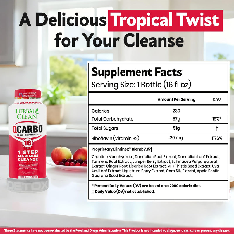Herbal Clean Qcarbo16 Same-Day Detox Cleanse Drink (16 fl oz) - Tropical Flavor Full Body Cleanse* Detox Drink for Moderate Toxin Level*, Vitamin B2 and Vitamin B12 for Men & Women 16 Fl Oz (Pack of 1)