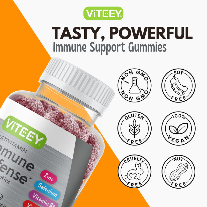 Viteey Multivitamin Gummies 8in1 Immune Support Supplement with Probiotics | Immune Boosters for Adults & Teens - Vegan, Gelatin Free, GMO Free - Chewable Berry Flavored Pectin Immune Defense 60 Count (Pack of 1)