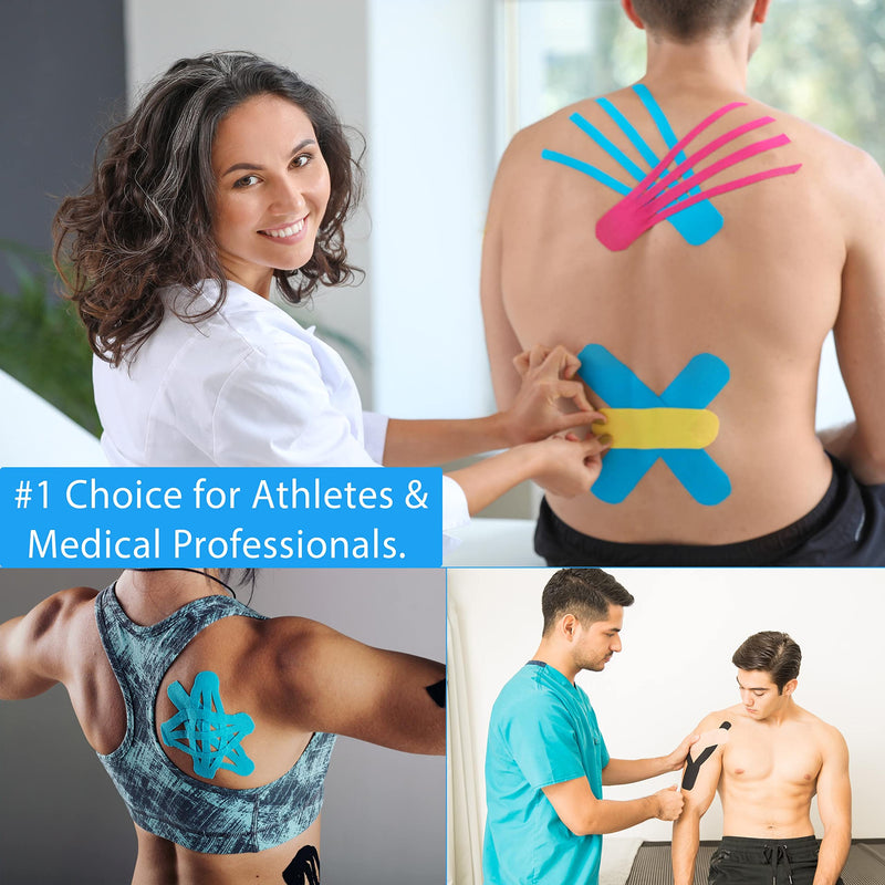 Kinesiology Tape Athletic Pro Sports - 3 Rolls, 60 Precut Strips, Latex-Free, for Muscle Support, Ankles, Wrists, Knees, Running, Tennis, Swimming. Stays Secure for Several Days Black / Blue / Pink Precut