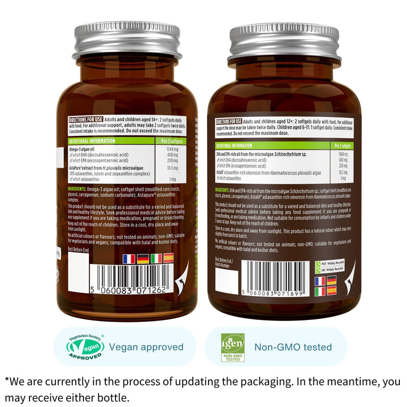 Igennus Vegan Omega 3 Algae Oil, EPA DHA 600mg, 180 Softgels | IAOS-certified triglyceride-form algae oil with 400mg DHA, 200mg EPA and astaxanthin; 90 servings Unflavored 180 Count (Pack of 1)