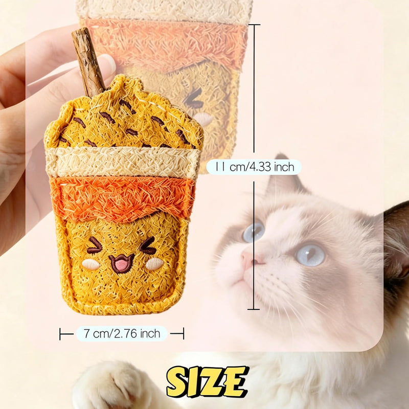 Natural Loofah Cat Chew Toy, Milk Tea Cup Shaped Catnip Silvervine Stick, Kitten Teething Chew Toy, Dental Care Interactive Toy, Safe Eco-Friendly Loofah Teething Toy for Indoor Cats Kittens, Brown