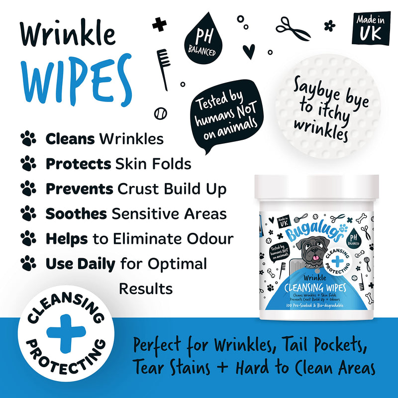 BUGALUGS Wrinkle Dog Wipes for pawly skin - 100 Biodegradable dog grooming pet wipes. Use as Dog ear wipes, dog eye wipes, dog face wipes, Paw & Bum wipes for puppy, dogs & cat grooming