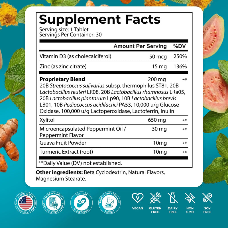 PUREHEALTH RESEARCH Oral Health Support - Dental Probiotics Supplement | Fresh Breath, Teeth & Gums Health - With Xylitol, Vitamin D3, Zinc, Peppermint Oil, Guava Fruit Powder & More - 30 Tablets