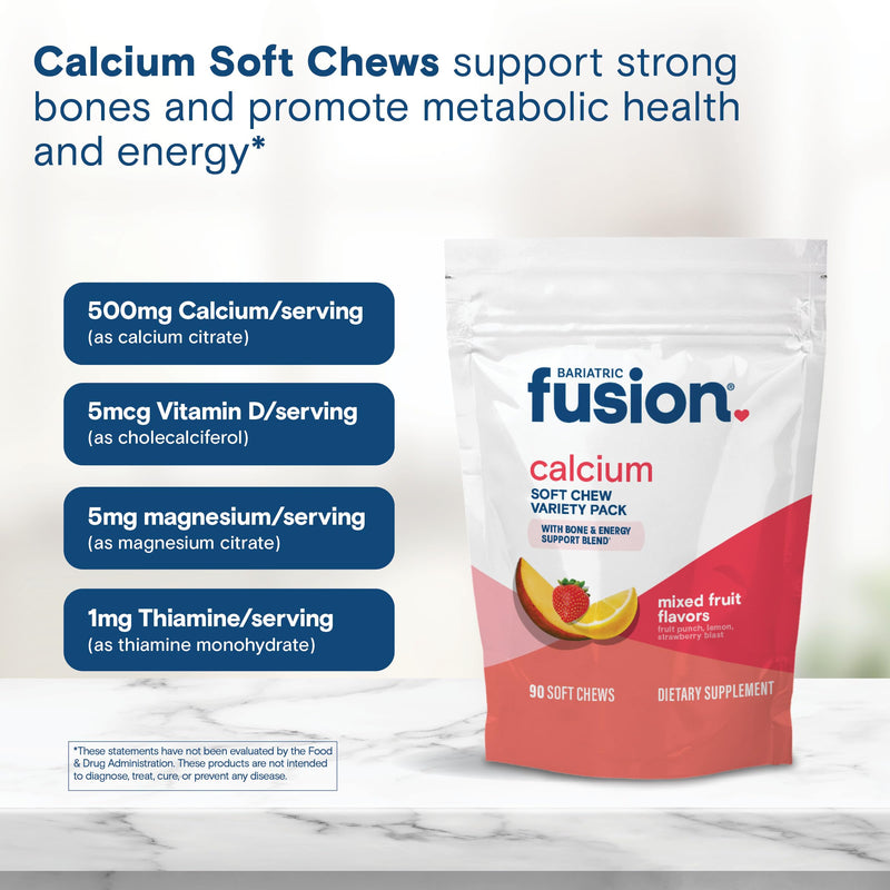 Bariatric Fusion Bariatric Calcium Supplement Chews | Calcium Citrate with Vitamin D3 Bariatric Vitamin | Sugar Free Chewable | 500mg | Variety Pack | 90 Count