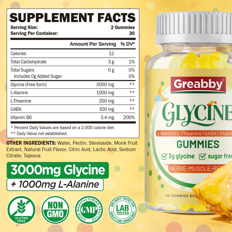 Glycine Gummies, Glycine 3g with Alanine 1000mg for Sleep Muscle Relaxation | Glycine Supplements with L Theanine, GABA, Vitamin B6, Support Adults Sleep, Sugar Free Pineapple Flavor, 60 Gummies 1