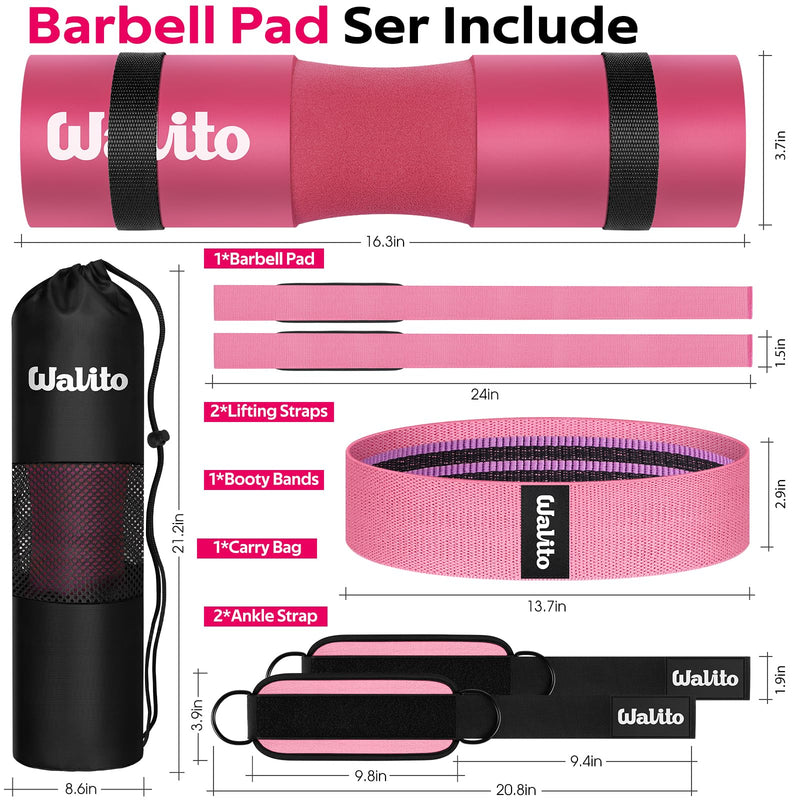 WALITO 8Pcs Barbell Pad Set for Hip Thrust - Squat Pad,Gym Accessories for Women with Bar Bad,Bench Press, with Gym Ankle Straps,Resistance Bands for Working Out,Lifting Strap,Carry Bag 1-Pink - BeesActive Australia