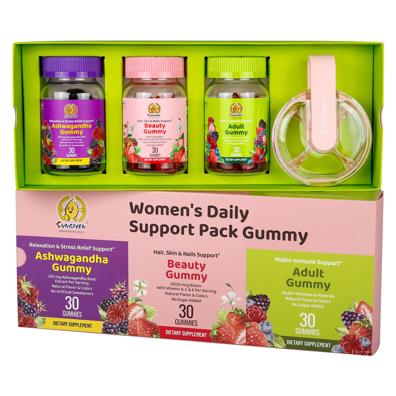 Women's Multivitamin Gummy Pack, 3 Support for Hair Skin Nails Sleep Daily Health, Vitamins A, D, C, E, Biotin, Ashwagandha, Folic Acid, Adult Chewable Vitamin, Berry Flavor, 15 Day Supply - 90 Count Women 30 Count (Pack of 3)