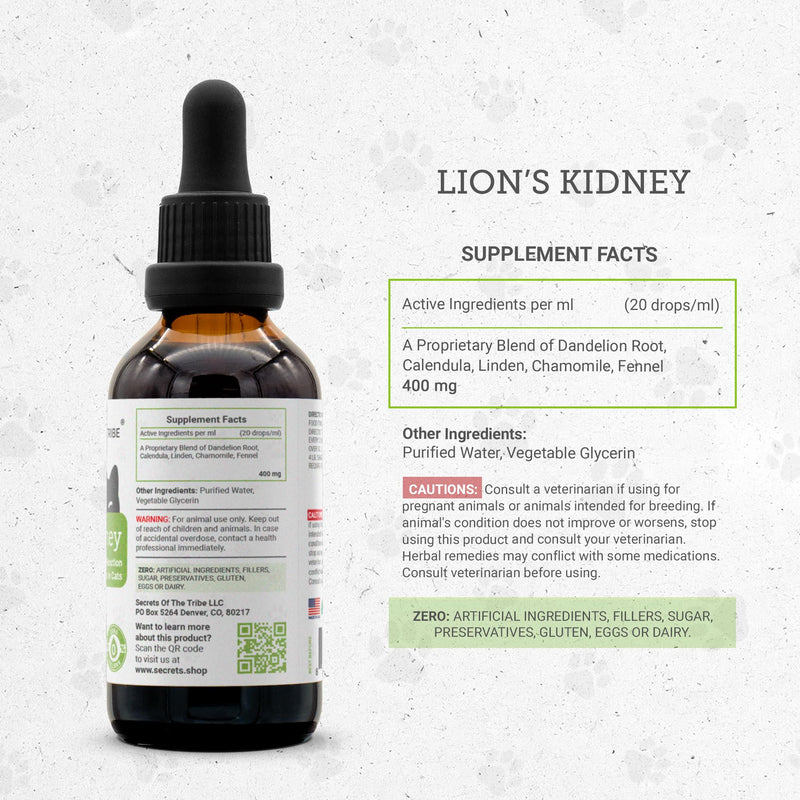 Lion's Kidney | Natural Herbal Dietary Supplement for Cats | Healthy Kidney Function Support in Cats | Alcohol-Free Extract, Dandelion Root, Calendula, Linden, Chamomile, Fennel 2 oz