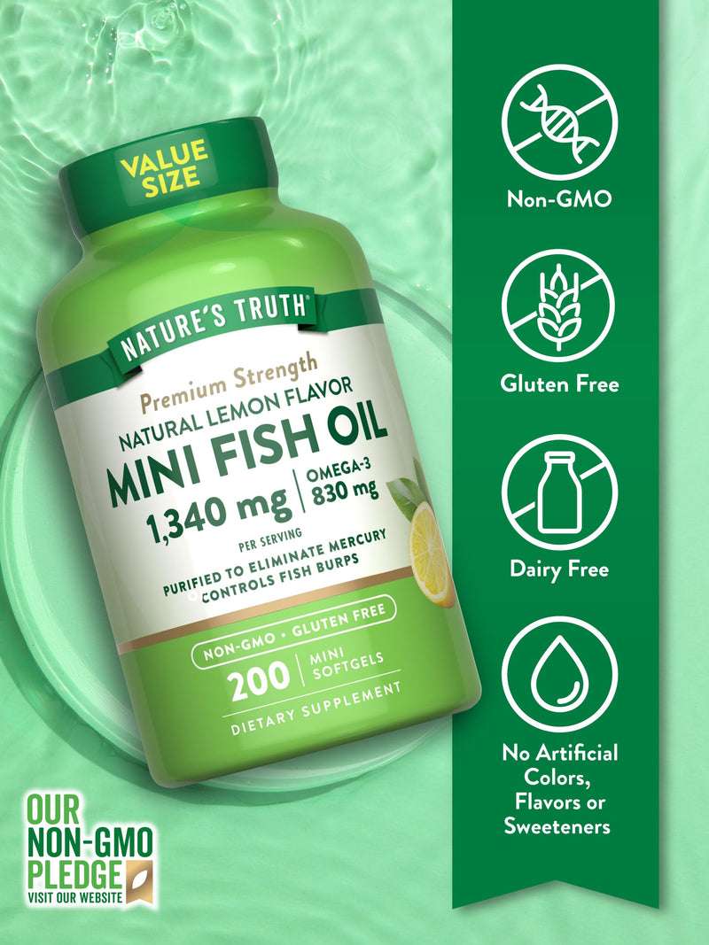 Nature's Truth Fish Oil Omega 3 | 1340 mg | 200 Mini Softgels | Burpless Lemon Flavor Pills | Non-GMO & Gluten Free Supplement