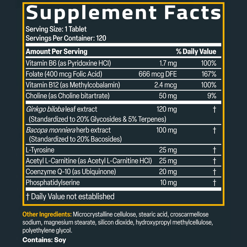 Bronson Ginkgo, Bacopa & Acetyl L-Carnitine Brain & Memory Support Complex with L-Tyrosine, Choline, CoQ10 & Phosphatidylserine Plus Key B Vitamins Non-GMO, 120 Tablets 120 Count (Pack of 1)