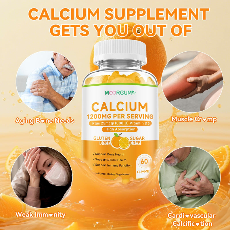 Calcium Citrate Gummies for Kids, Adult - 1200 mg with Vitamin D3 1000IU - Support Bone, Teeth, Immune Health, High Absorption Calcium and Vitamin D Supplement, Orange Flavor, 60 Count 60 Count (Pack of 1)