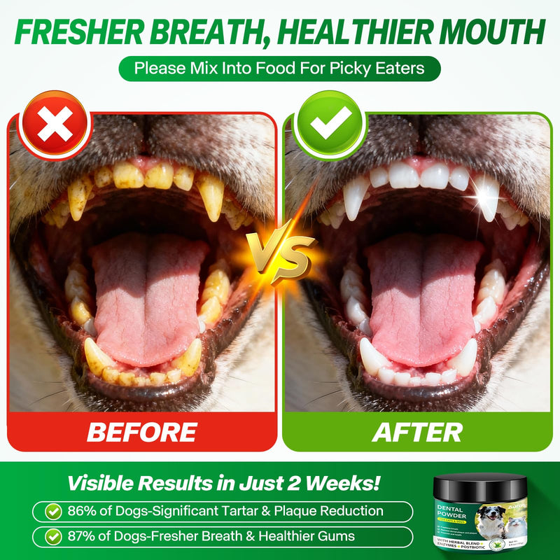Dog Dental Powder for Teeth Cleaning Plaque & Bad Breath Off, Dental Powder for Dogs Teeth with Natural Herbal Blend & Postbiotics, Dog Teeth Cleaning Powder with Enzymes for Dogs & Cats (5.3oz)
