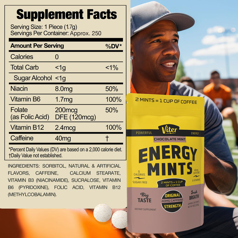 Viter Energy 40mg Caffeine Mints - Sugar Free, B Vitamins, Vegan, Boosts Fast Energized Alert Focus, Caffeinated Nootropic Supplement Pills (Chocolate Mint Flavor, 8oz, Bulk Bag) Chocolate Mint 250 Count (Pack of 1)
