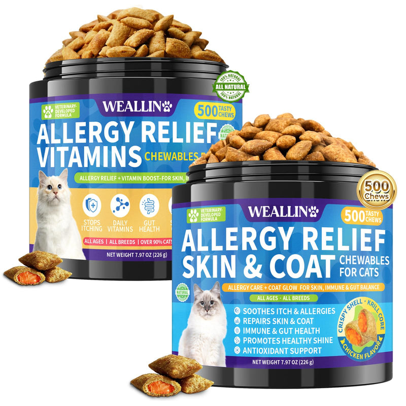 Cat Allergy Relief Chews Skin & Coat Support + Multivitamin with Omega-3 Probiotic Supports Seasonal Itching Licking & Scratching for All Breeds – 500 Chews Each, Chicken Flavor