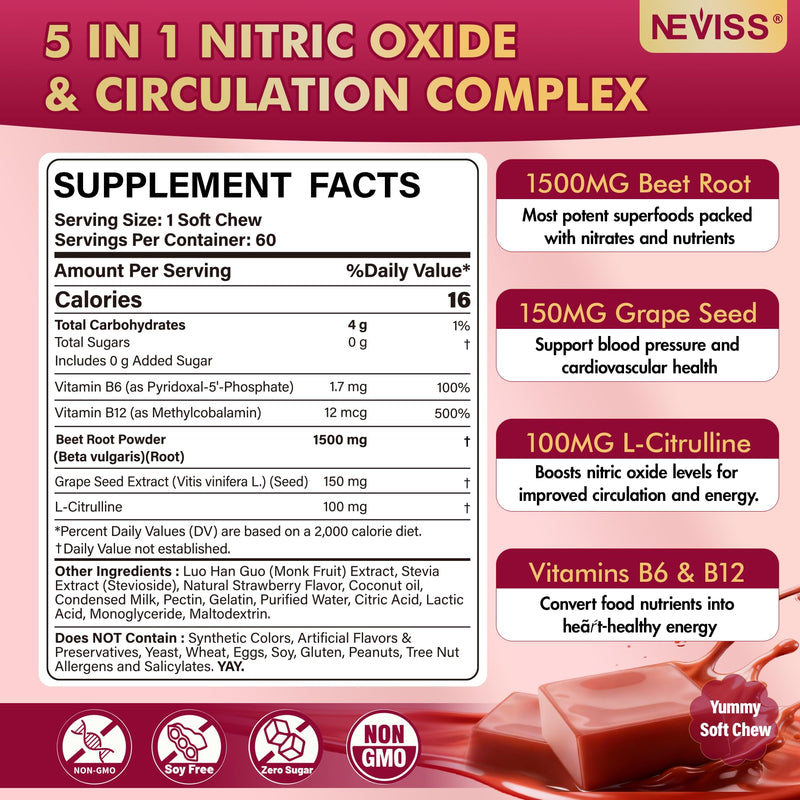 Super Beet Chews 1500mg, 5 IN 1 Beet Root Nitric Oxide Supplement, 60 Cts | Beet Root Gummies w/ Grape Seed, L-Citrulline, Vitamin B6 & B12 for Healthy Blood Circulation & Energy Boost, Sugar Free