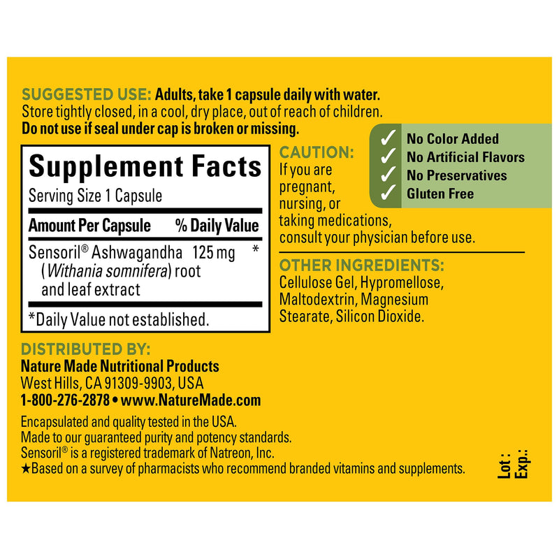 Nature Made Ashwagandha Capsules 125mg for Stress Support, 60 Capsules, 60 Day Supply 60 Count (Pack of 1)