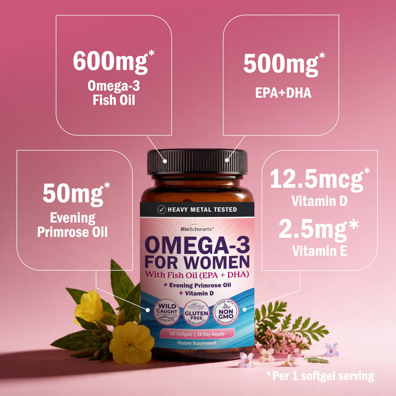 Fish Oil Omega 3 Supplement for Women - 60 Softgels, 60 Day Supply | 600mg Omega 3 EPA + DHA, Evening Primrose Oil, Vitamin D & E - Healthy Skin, Hormone Balance & Heart Health Support 60 Count (Pack of 1)