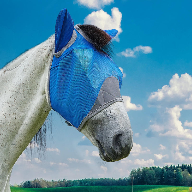 DEERFAMY Fly Masks for Horses,Breathable UV Protection Net Mesh Mask Stretchy Mesh Large Eye Space in Full Coverage,Soft & Gentle on Skin,with Ears,No Nose (Blue, M) Blue Arab/Small Horse(M) - BeesActive Australia