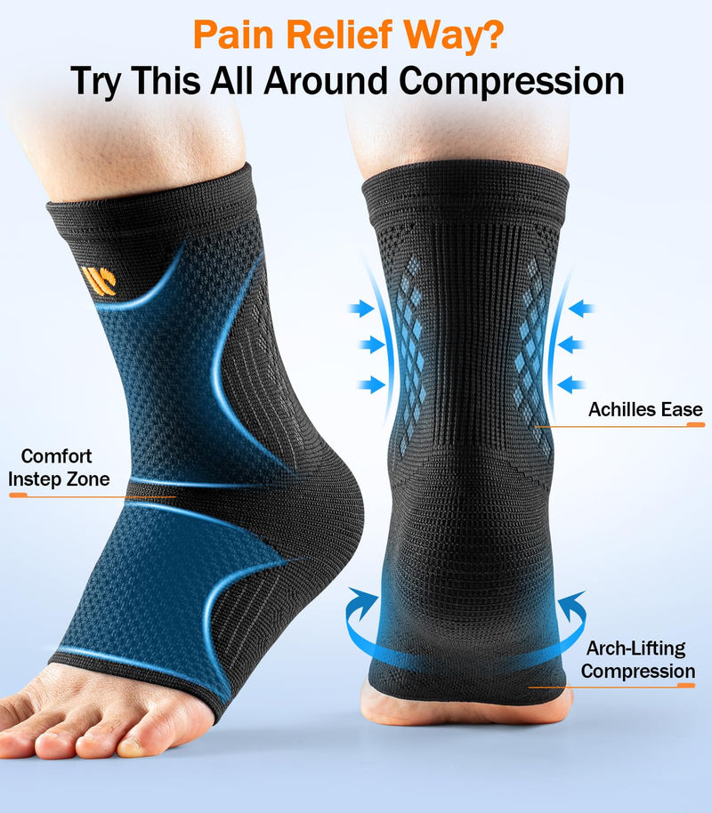 Low-Profile Ankle Braces for Women & Men, Customizable Ankle Compression Sleeve w/Wide Strap, Foot Support Wrap for Plantar Fasciitis Pain Relief, Achilles Tendonitis, Sprain, Black, 1 Pair, L Black/Orange Large - BeesActive Australia