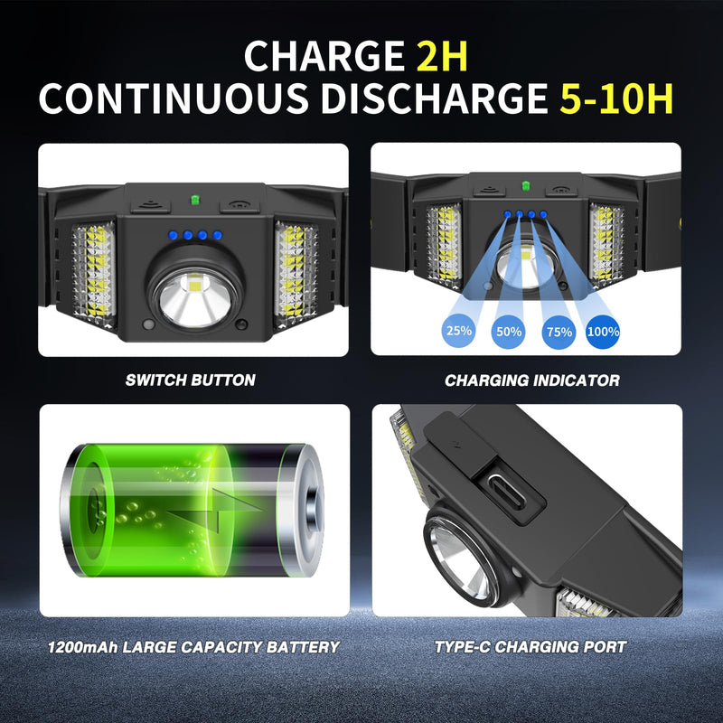 LED Headlamp Rechargeable 2PCS, Wide Beam Bright Headlight Flashlight with White Red Light, Lightweight, Weatherproof, 9 Modes Motion Sensor Head Lamp for Outdoor Camping Running 2-PACK