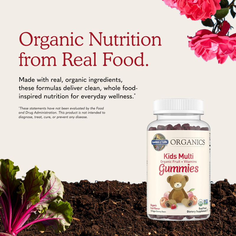 Garden of Life Organics Kids Gummy Vitamins - Fruit - Certified Organic, Non-GMO & Vegan Complete Children's Multi - B12, C & D3 - Gluten, Soy & Dairy Free, 120 Real Fruit Chew Gummies 120 Count (Pack of 1)