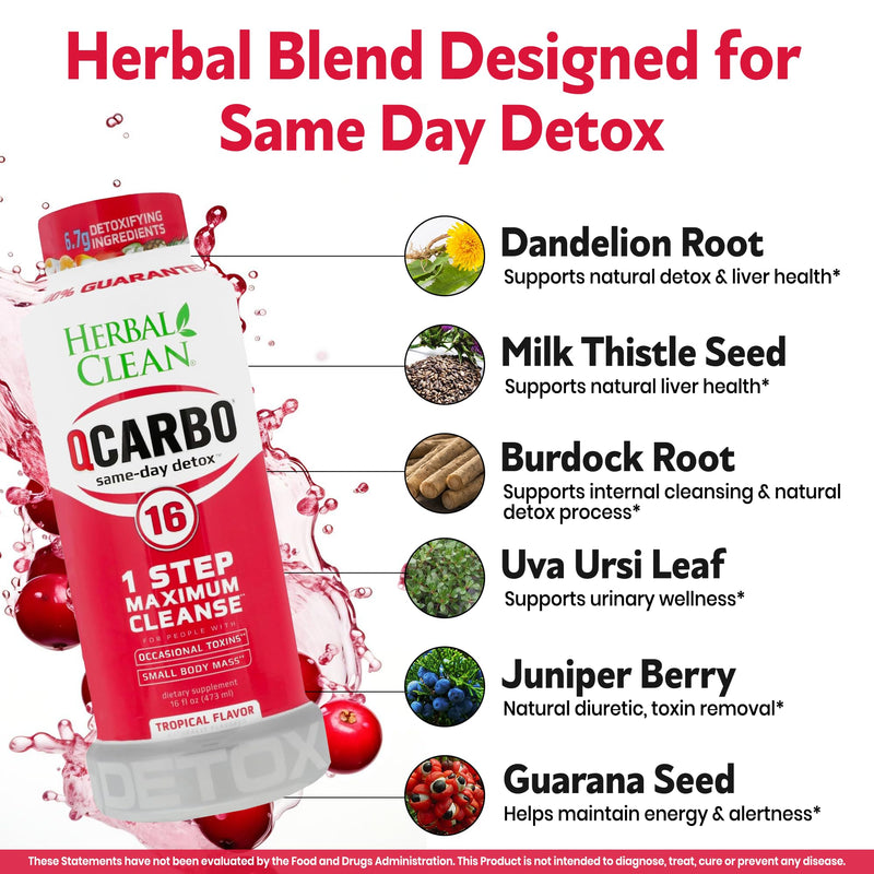 Herbal Clean Qcarbo16 Same-Day Detox Cleanse Drink (16 fl oz) - Tropical Flavor Full Body Cleanse* Detox Drink for Moderate Toxin Level*, Vitamin B2 and Vitamin B12 for Men & Women 16 Fl Oz (Pack of 1)