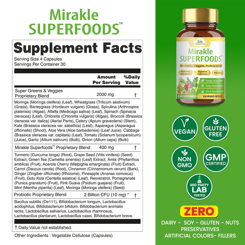 Organic Veda Mixed Greens Veggies Super Fruits Antioxidants Supplement with Digestive Pre & Probiotics - Mirakle Superfoods 40+ Organic Whole Food Nutrients, Vitamin C, Resveratrol - 120 Capsules