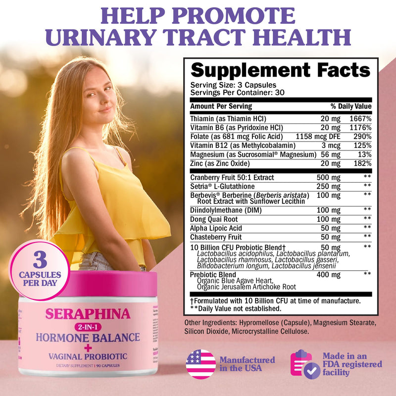 Seraphina Vaginal Probiotics 2-in-1 for Women + Hormone Balance - 90 Capsules Complete Feminine Care, PMS & Urinary Tract Health, Prebiotic Blend, 10 Billion CFU, 6 Strains (90 Count (Pack of 1)) 90 Count (Pack of 1) - BeesActive Australia