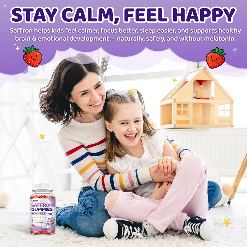 Saffron Gummies for Kids & Adults, 20-in-1 Saffron Supplements with 88.5mg Saffron Extract, B6, B12, C, D3, Magnesium for Calm, Focus, Nerve, Sugar Free, Vegan, Non-GMO - Strawberry Flavor, 60 Counts 60 Count (Pack of 1)