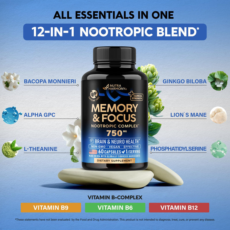 Brain Supplement for Memory & Focus 750 mg - Magnesium | L-Theanine | Bacopa Monnieri | Ginkgo Biloba | Lions Mane - 12in1 Nootropic Complex for Neuro Health - Caffeine-free - Made in USA, 60 Capsules - BeesActive Australia