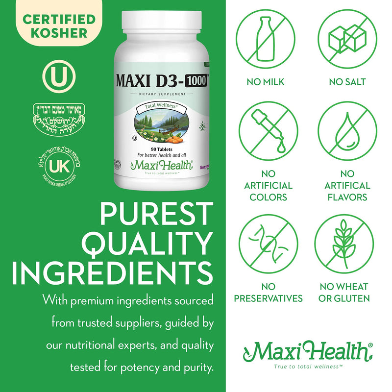 Vitamin D3 1000 IU Dietary Supplement - Easy to Swallow - Odorless & Tasteless - Supports Calcium Absorption, Immune Health and Bone Health in Adult Women & Men - 90 Tablets - by Maxi Health Tablet 90 Count (Pack of 1)