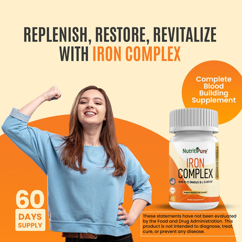 Iron Complex, Complete Blood Building Iron Vegetarian Capsules with Non-constipating Carbonyl Iron, Quatrefolic, B12, B6 & Vitamin C, for Women & Men (60 caps)