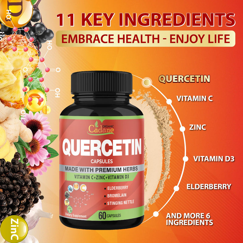 Organic Cadane Quercetin Extract Capsules - Combined with VitC, Zn.C, VitD3, Elderberry, Bromelain, Nettle, Ginger, Echinacea, Garlic, Pepper - 60 Capsules