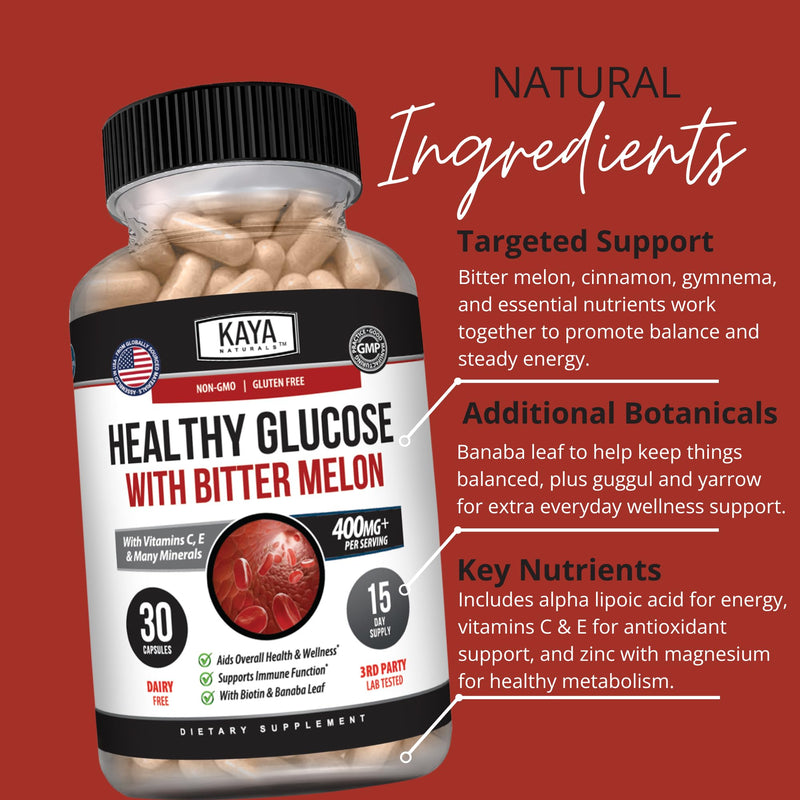 Kaya Naturals Healthy Gluco with Bittermelon Supplement | Support Healthy Levels and Function, 20 Herbs Vitamins and Minerals, Alpha Lipoic Acide, Cinnamon, Vitamin C & E, Non-GMO (30 Count)
