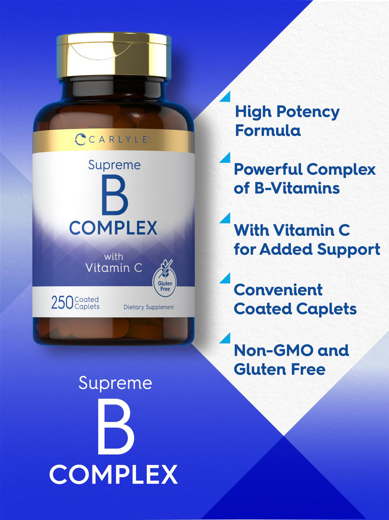 Carlyle B-Complex with Vitamin C & Folic Acid | 250 Caplets | For Women and Men | Vegetarian, Non-GMO, Gluten Free Supplement 250 Count (Pack of 1)