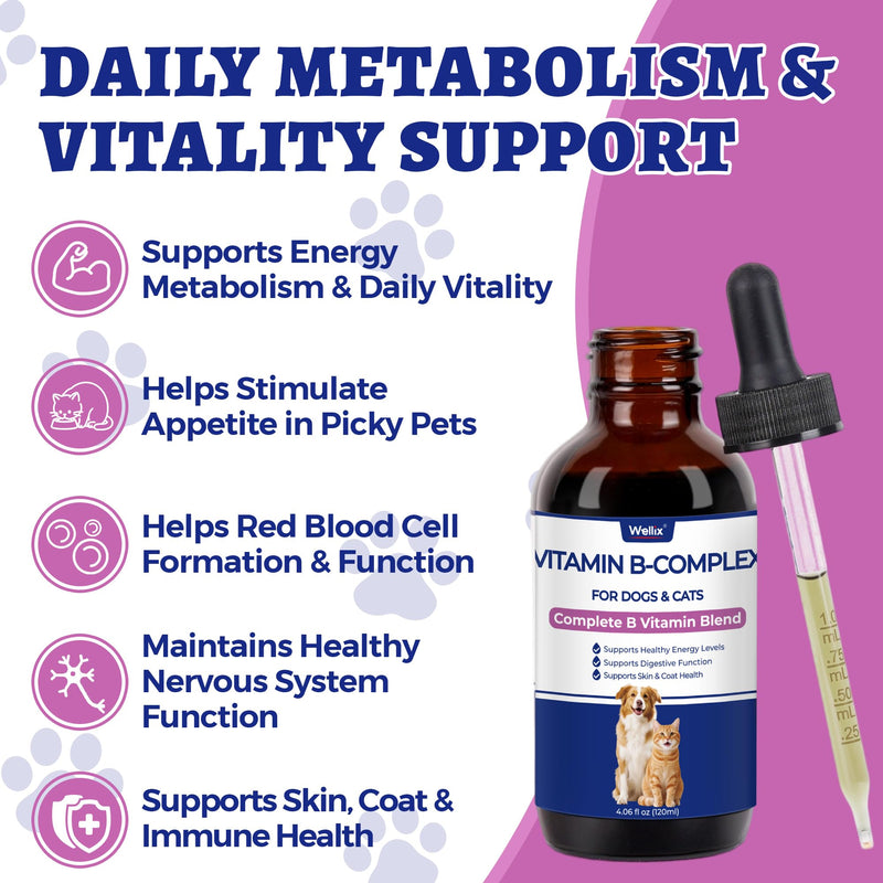 Wellix 4.06 fl oz Vitamin B Complex Drops with Taurine for Dogs and Cats | Vitamin B Complex (B3, B1, B12, B5, B2, etc.) for Dogs and Cats, Appetite Stimulant, Energy Support & Healthy Skin