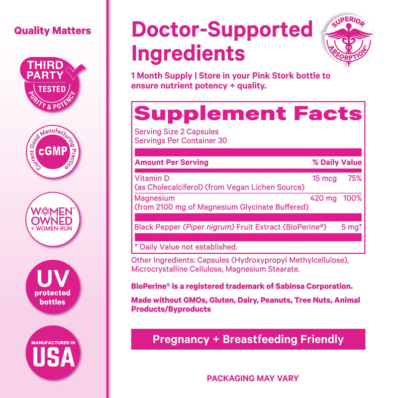 Pink Stork Magnesium Glycinate with Vitamin D for Women, 60 Servings | Magnesium Supplement, Support Natural Calm and Quality Sleep, Hormone Balance for Women, 2 Month Supply Unflavored 60 Count (Pack of 2)