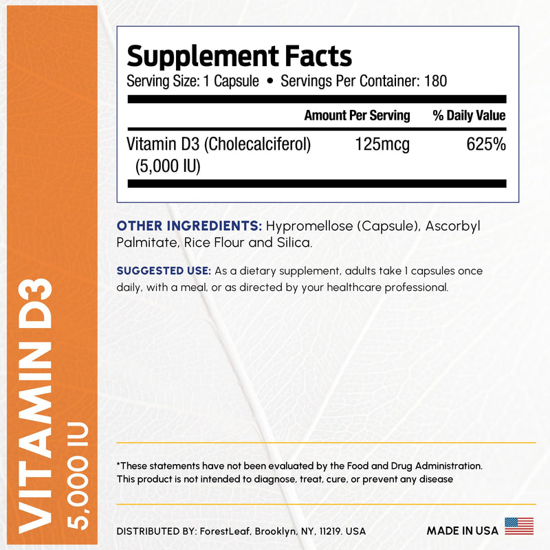 ForestLeaf Vitamin D3 5000 IU | VIT D - VIT D3 Vitamin D Supplements for Women and Men | Bone Health, Teeth and Immune Support | Easy to Swallow Pills | One Capsule Daily, 6-Month Supply, 180 Count 5,000 IU - 180 Count