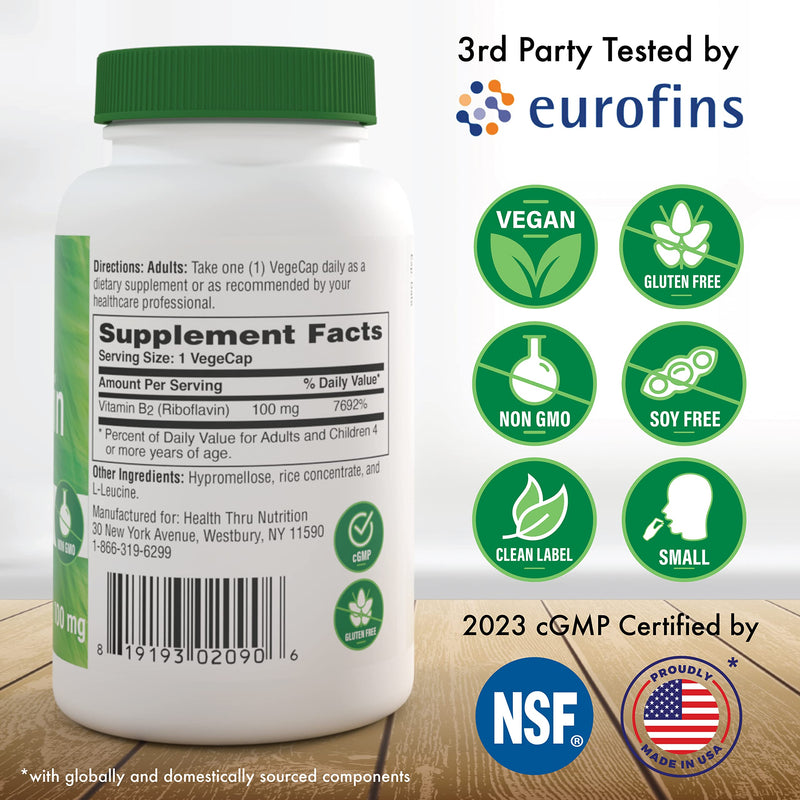 Health Thru Nutrition Riboflavin 100mg Vitamin B2 100 Vegecaps | Riboflavin Supplement | Supports Healthy Energy Metabolic Function & Nervous System, 3rd Party Tested, Non-GMO Hypoallergenic