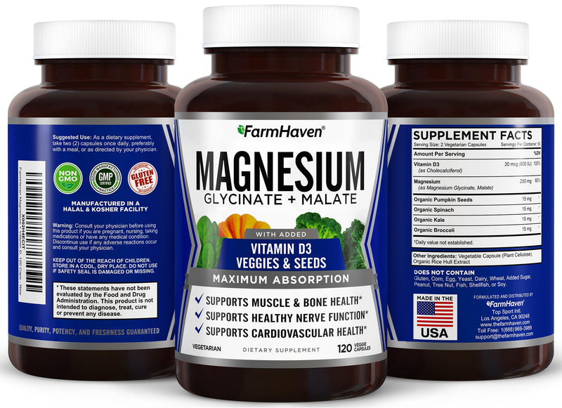 FarmHaven Magnesium Complex, Glycinate/Malate & Vitamin D3, 120 Capsules | Bone Health Support, Muscle & Nerve Function, Chelated Magnesium Complex with Vitamin D3, Vegetarian, 60 Day Supply 120 Count (Pack of 1)