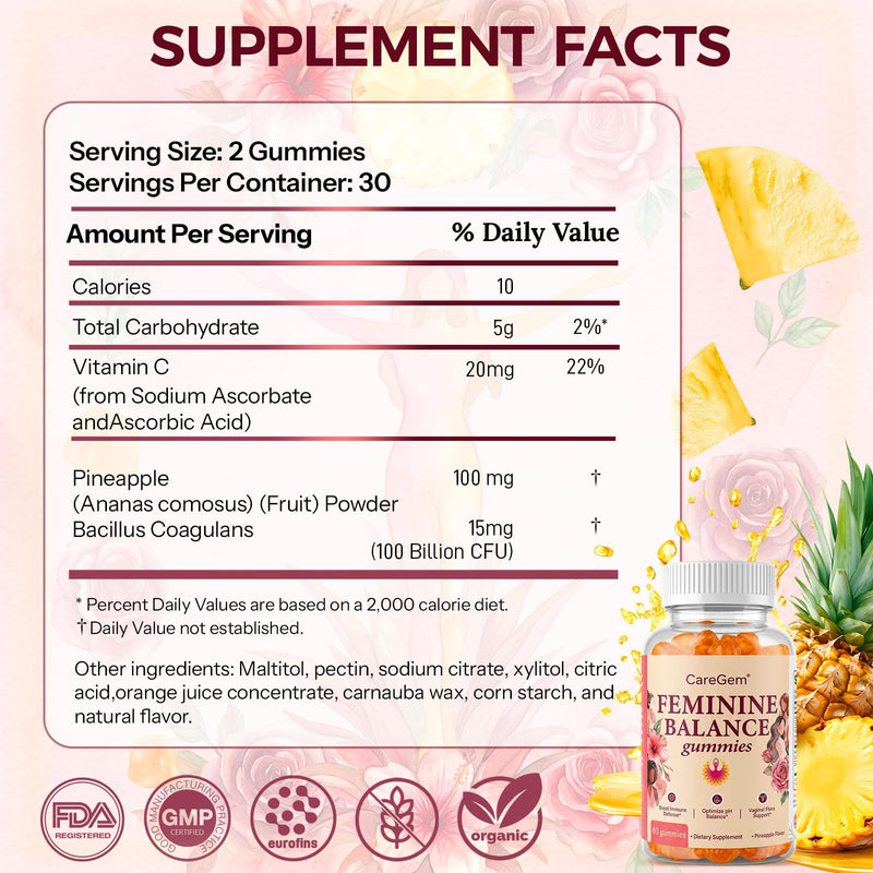 Feminine Balance Gummies – pH Balance for Women & Vaginal Health – Pineapple Probiotics with Bacillus Coagulans – Odor Control & Flora Support – 60 Gummies